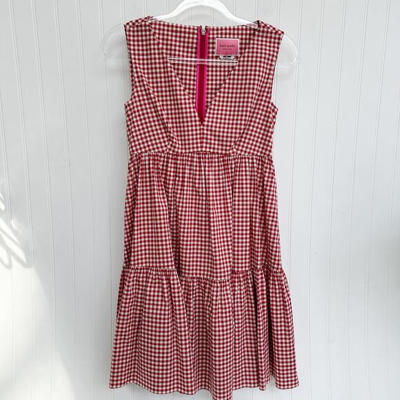 Kate Spade Red White Gingham Tiered Vineyard Summer Sundress V Neck Size 0 - Picture 11 of 11